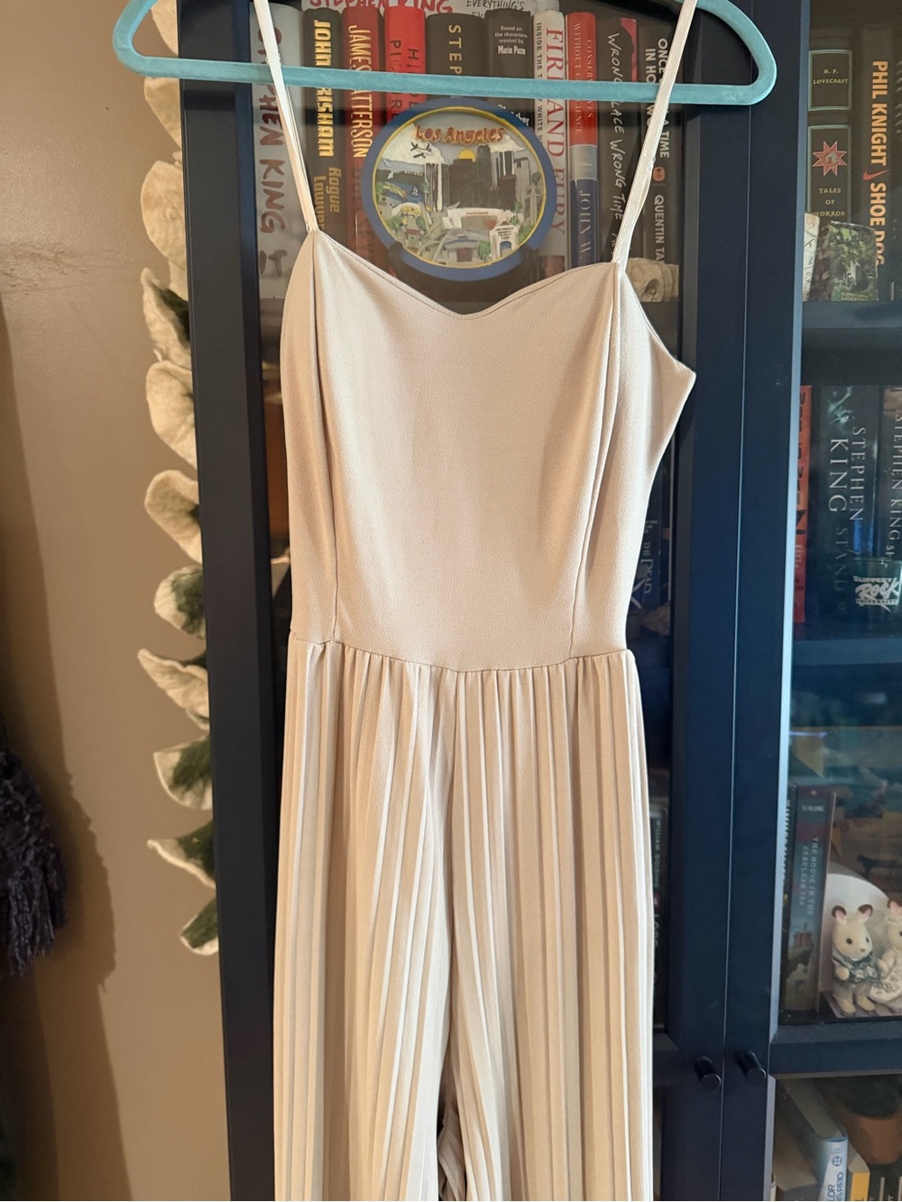 Cream Pleated Wide-Leg Jumpsuit with Spaghetti Straps